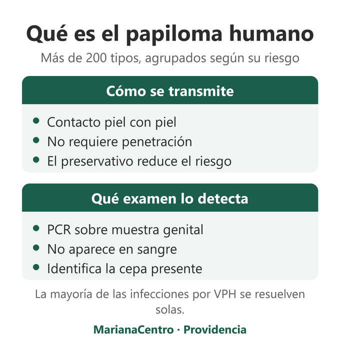 Cómo se transmite el VPH y qué examen lo detecta: PCR sobre muestra genital, no aparece en análisis de sangre