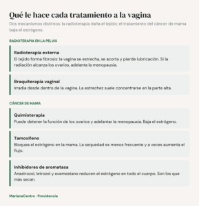 Diagrama: efectos de la radioterapia externa, la braquiterapia, la quimioterapia, el tamoxifeno y los inhibidores de aromatasa sobre la vagina
