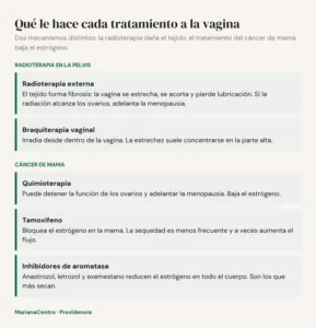 Diagrama: efectos de la radioterapia externa, la braquiterapia, la quimioterapia, el tamoxifeno y los inhibidores de aromatasa sobre la vagina